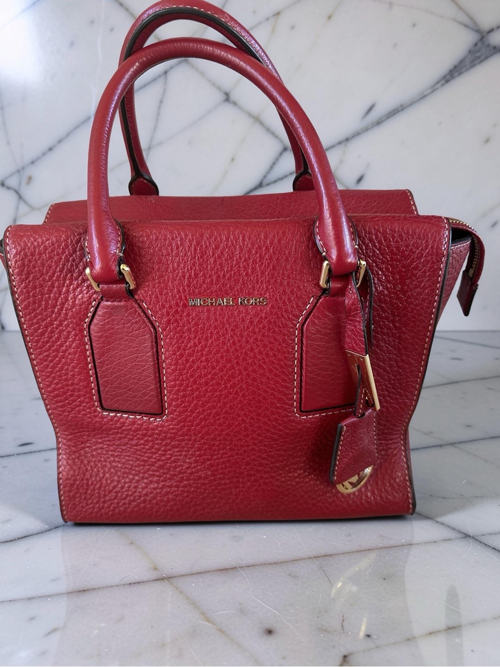 Michael Kors Selby Red Pebble Leather Medium Satchel.